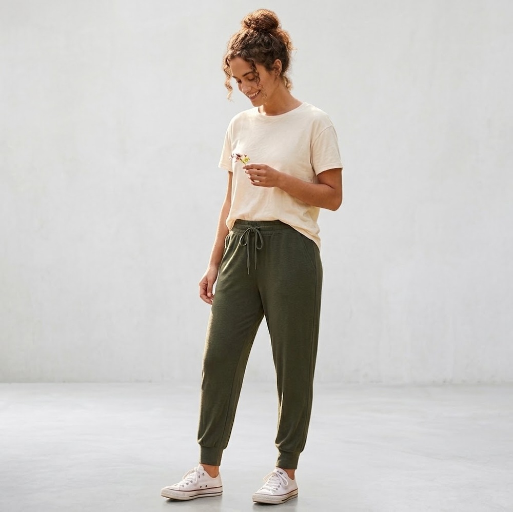 Lou & Grey Jogger Pants Womens Large Dark Green Stretch Drawstring Pockets EUC
